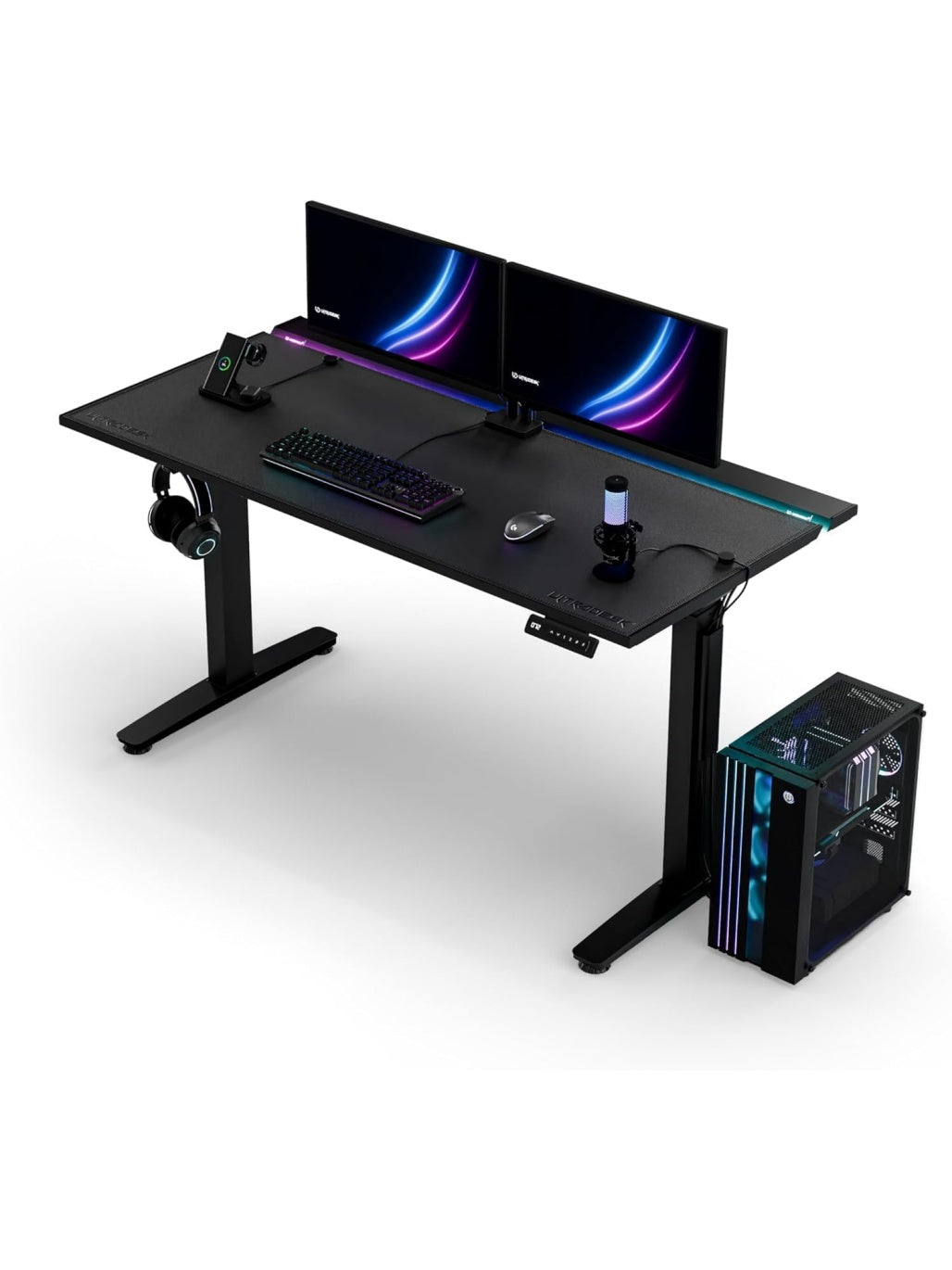 Gaming Schreibtisch 140 x 70 cm mit Hohenverstellung LED Beleuchtung und Kabelmanagement in Schwarz kq8661490
