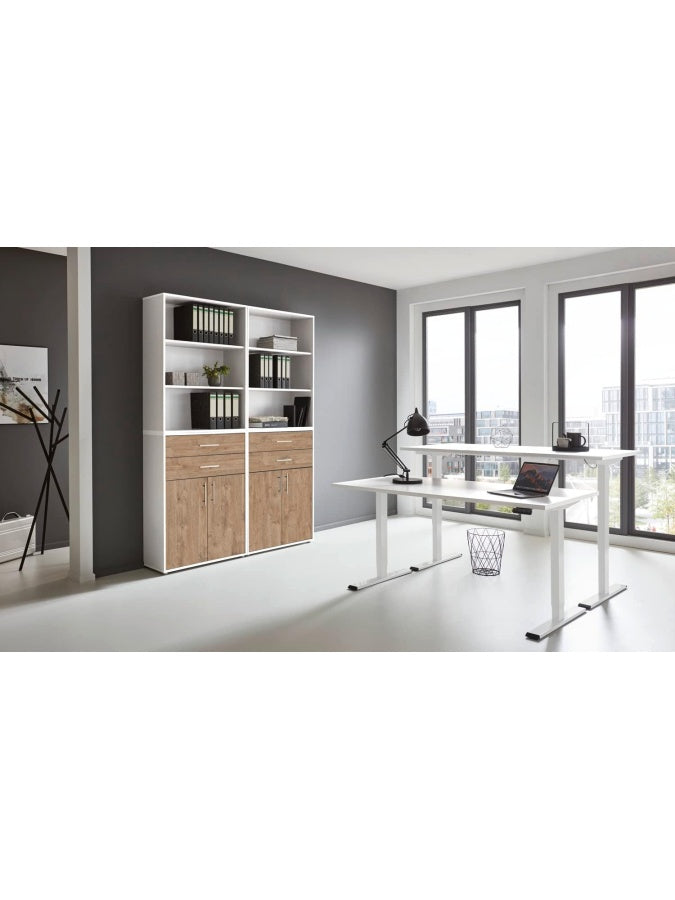 Hohenverstellbarer Schreibtisch mit weisser Tischplatte 138 x 67 cm und Gold Harbor Oak Dekor xq6310614