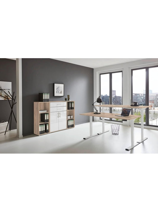 Ergonomischer Sitz Steh Schreibtisch mit Sonoma Eiche Tischplatte 138 x 67 cm und weissem Gestell ui6061837